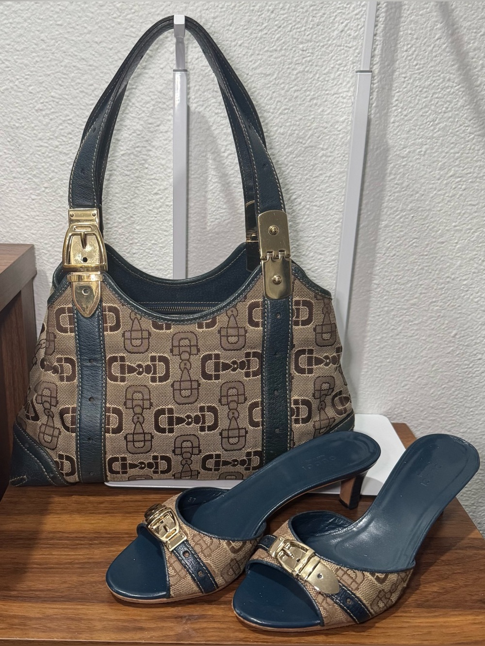 Gucci Designer Monogram Brown and Navy Shoulder Bag